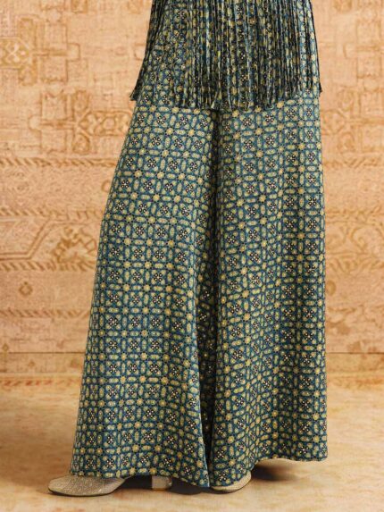 Teal Blue Ajrakh Printed Palazzo Pants | Hand Block Printed Wide Leg Culottes for Women